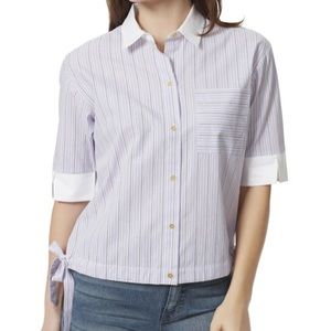 NWT Anne Klein Women's Short Sleeve Blouse Marleigh Stripes Aster And Nyc White